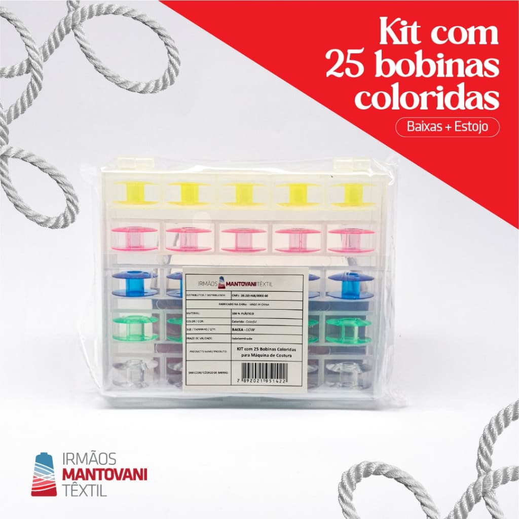 Kit com 25 Bobinas Baixas Coloridas – Plástico | Máquina de Costura Doméstica