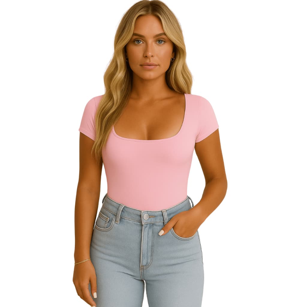 Body Decote Quadrado Manga Curta Forro Duplo Suplex Premium Blusa Candy Color Collant Bodi