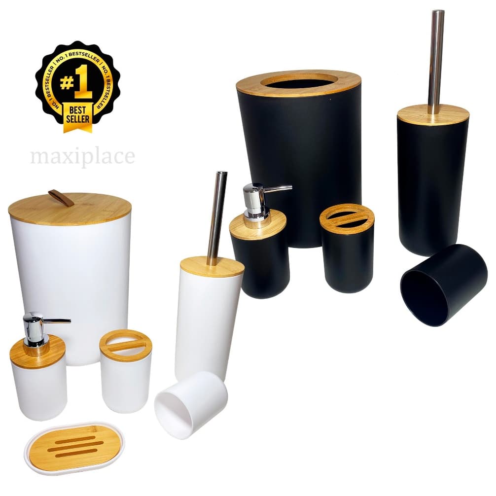 Kit Banheiro Lavabo 6 Peças Bambu Moderno Completo Lixeira Escova Sanitária Porta Escova Sabonete Líquido Saboneteira