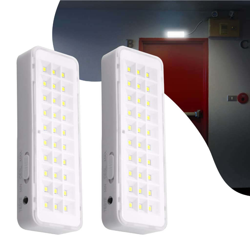 Kit 2 Luminária de Emergência Bivolt 30 LEDs Lâmpada Branco Frio Recarregável Luz 110v 220v