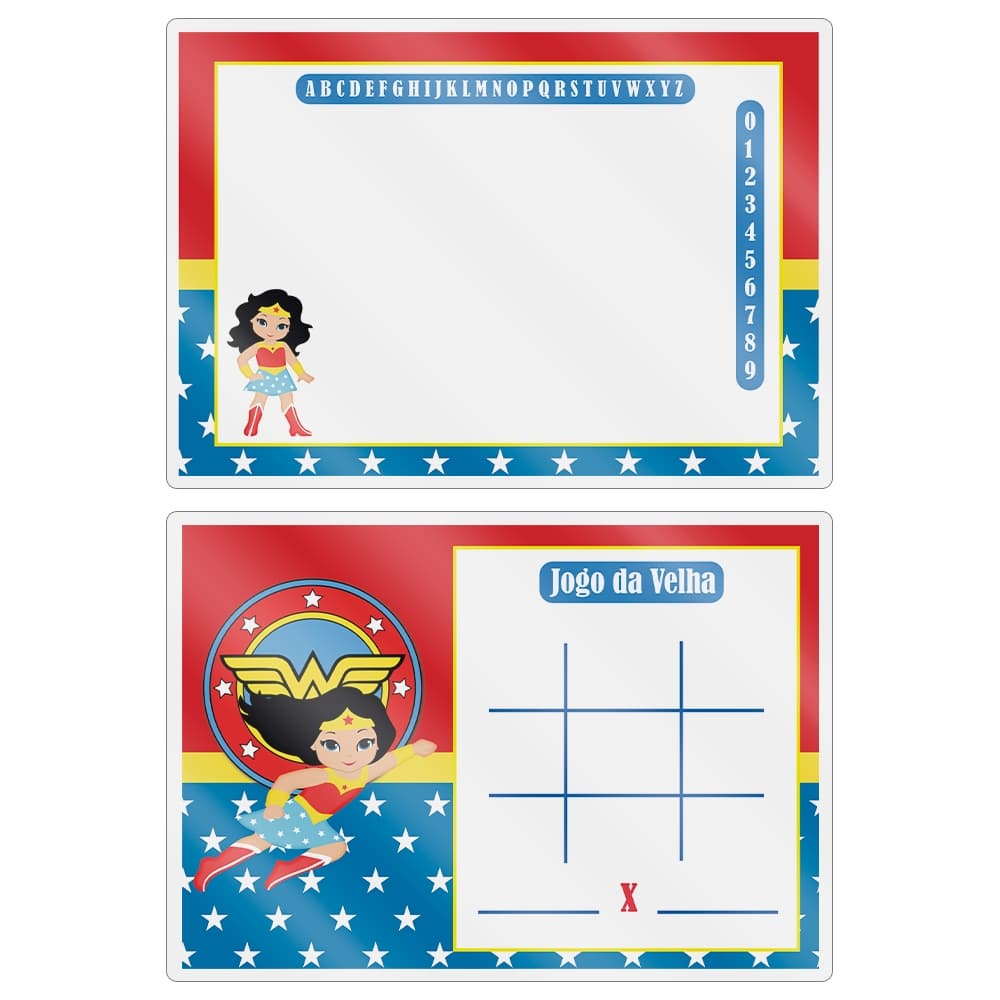 10,20 OU 30 Kit's LEMBRANCINHA LOUSA MÁGICA JOGO DA VELHA INFANTIL TEMA Mulher Maravilha Baby