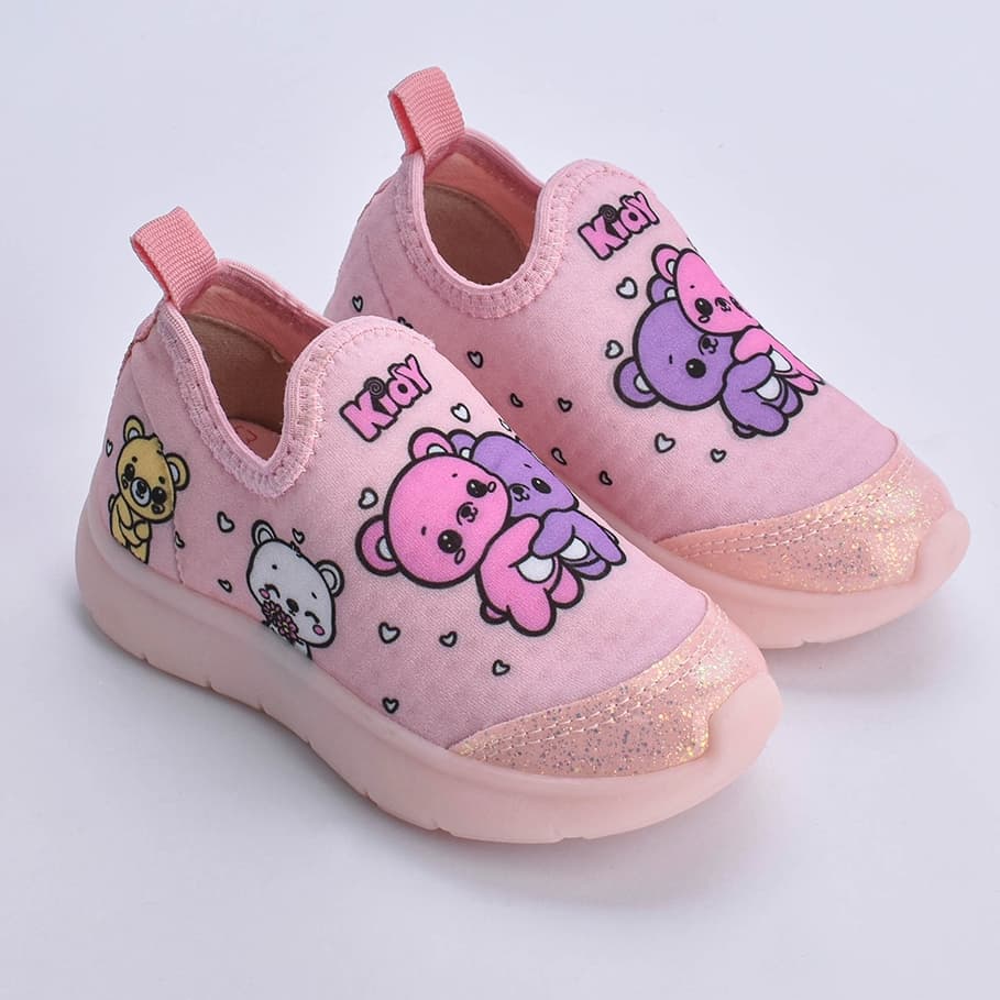 Tênis Infantil Kidy Flex Light Led Nude Calce Fácil Ursinho Leve Macio Antiderrapante