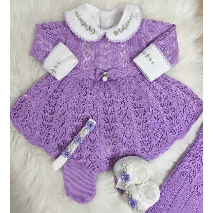 Kit Saída de Maternidade Bebê Menina Vestido com Calça Pezinho Tricô Princesa Bordado Pérolas