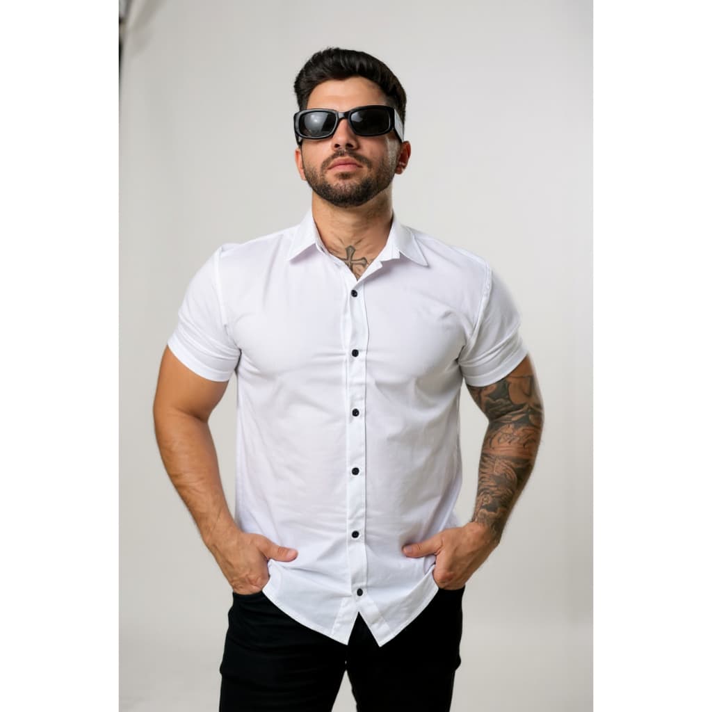 Camisa Social Lisa Masculina Manga Curta