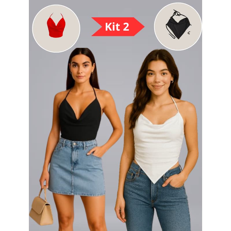 Blusa Feminina Cropped Kit Gola Boba Degagê + Triangular Gola Boba Frente Única + Brindes