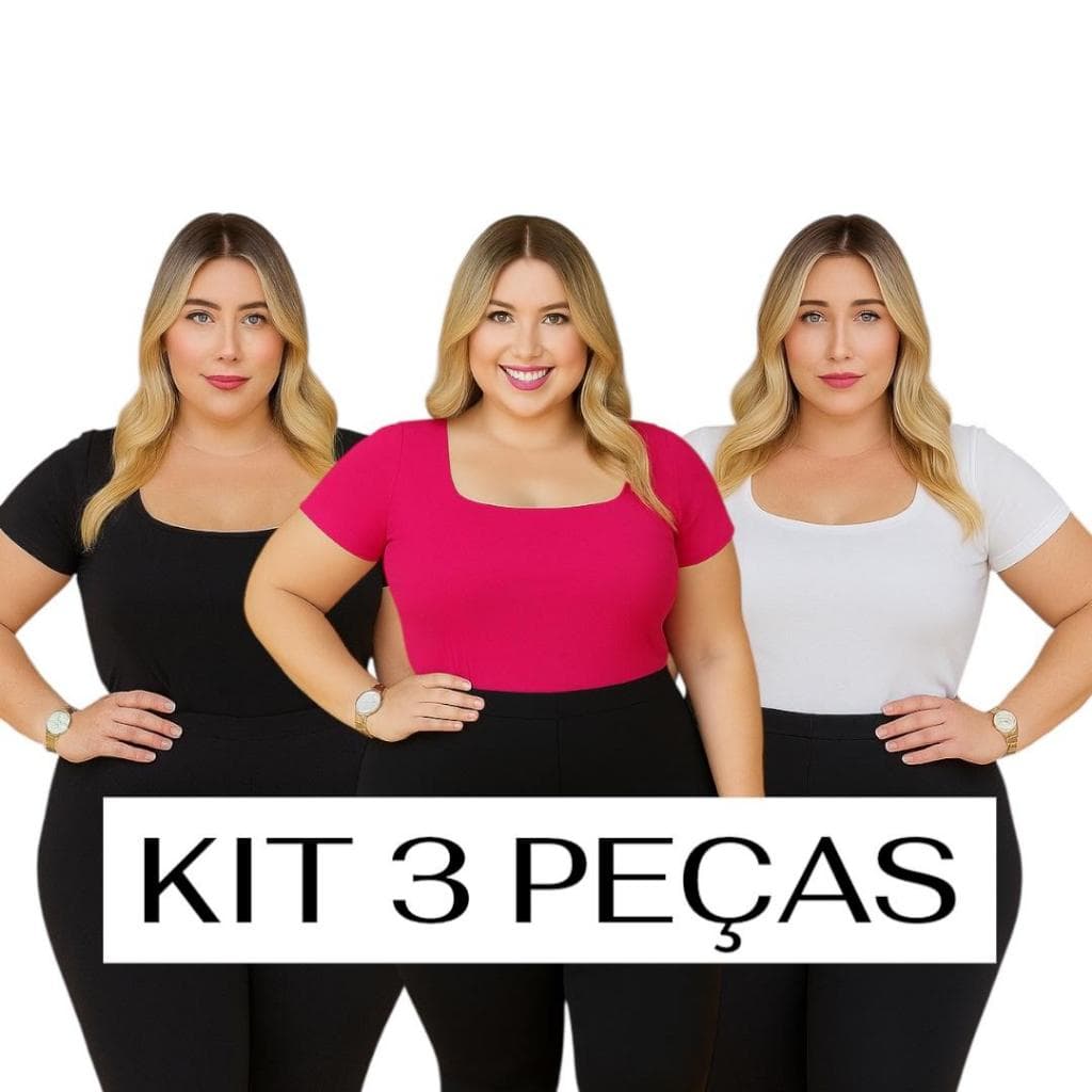 KIT COM 3 BLUSA PLUS SIZE ELEGANTE FEMININA MANGA CURTA SUPLEX ALGODÃO POLIAMIDA DECOTE QUADRADO