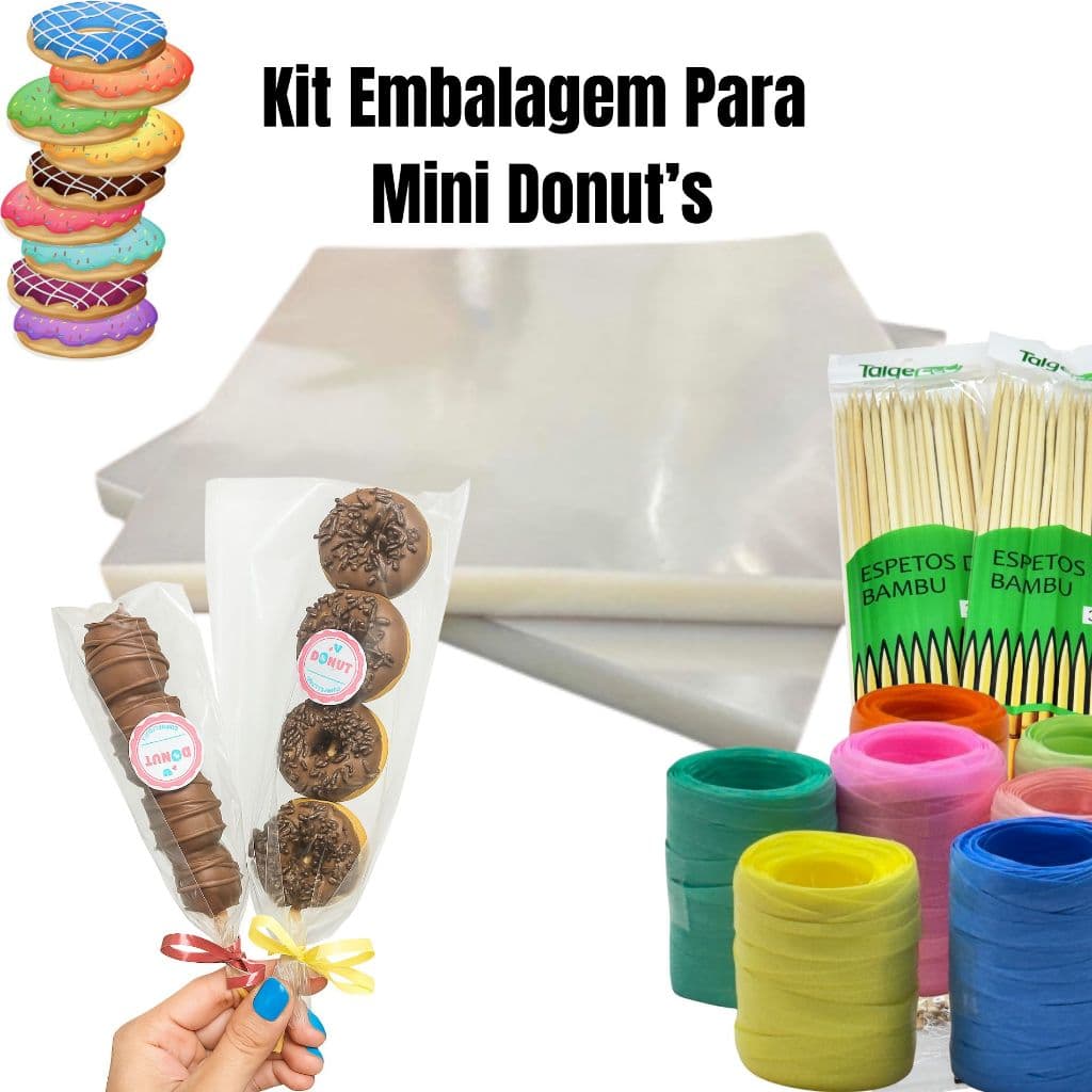 KIT EMBALAGEM MINI DONUT: 100 ESPETO 25CM + 100 UNID SACO P.P 15X25 + 1 ROLO DE FITILHO COLORIDO