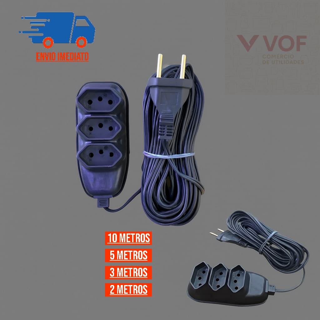 Extensão Elétrica 2 3 5 e 10 Metros110v 220v com 3 Tomadas Bivolt
