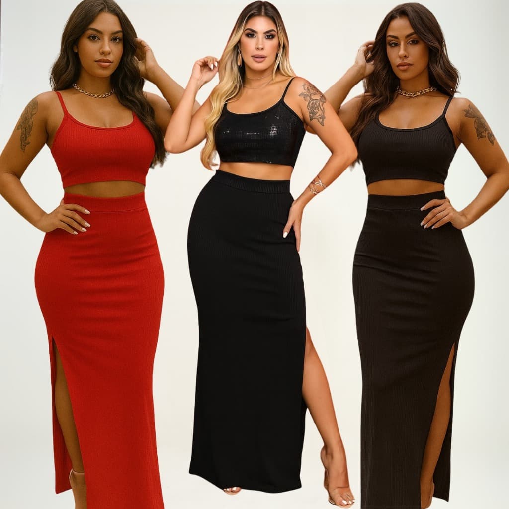 conjunto saia longa e cropped sem bojo canelado