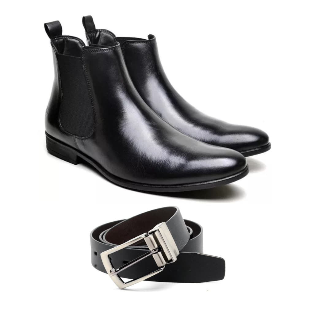Kit Bota Masculina Chelsea Couro Legitimo Original Cano Curto Clássica Atemporal Mais Cinto Dupla Face Sintético