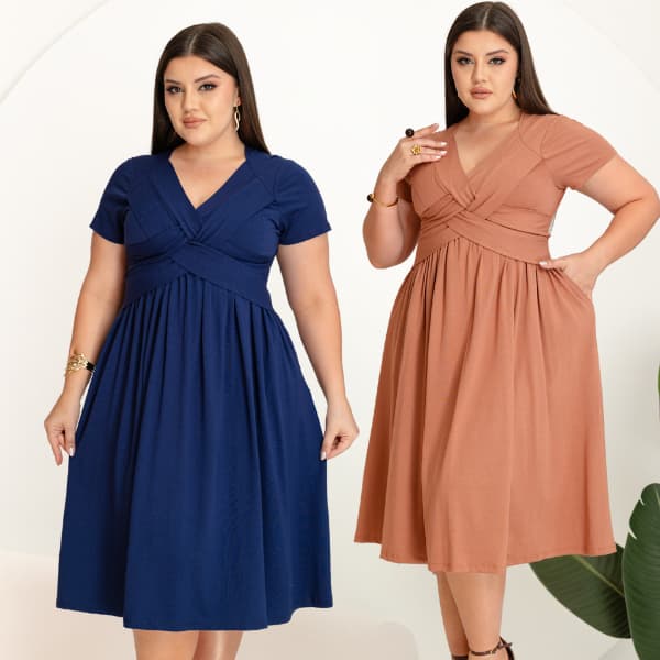 Vestido Plus Size Longo Moda Evangélica Elegante Com Bolsos Decote Trançado