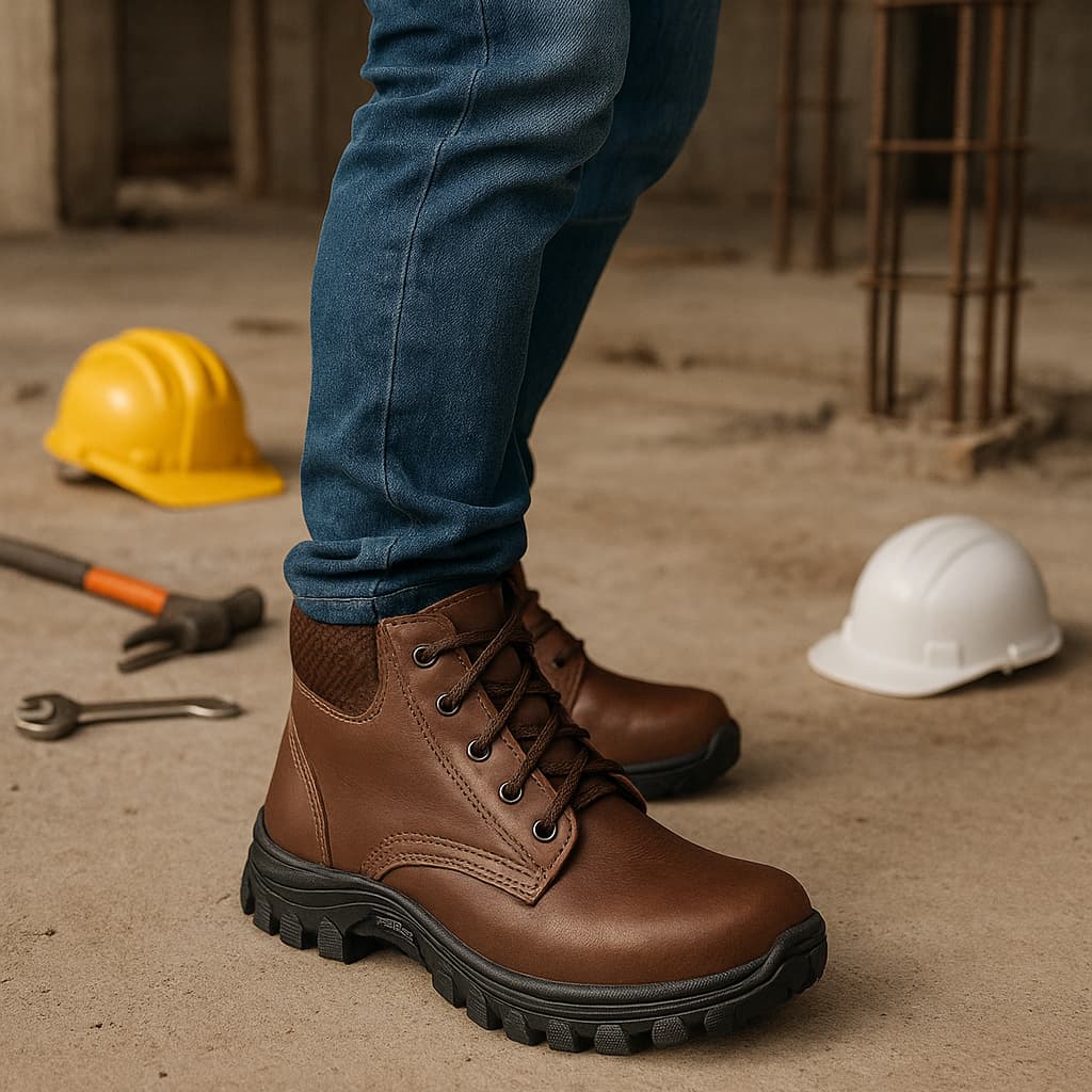 Bota de Couro para Obra, EPI com CA, Solado Antiderrapante, Segurança, Resistência e Durabilidade