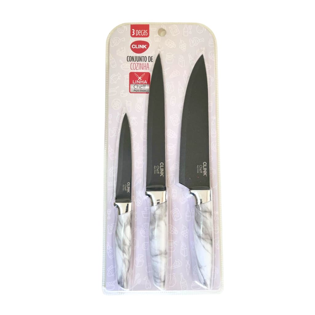 Conjunto de Facas de Cozinha 3 Peças Aço Inox Cabo Plástico Marmorizado Corte Preciso