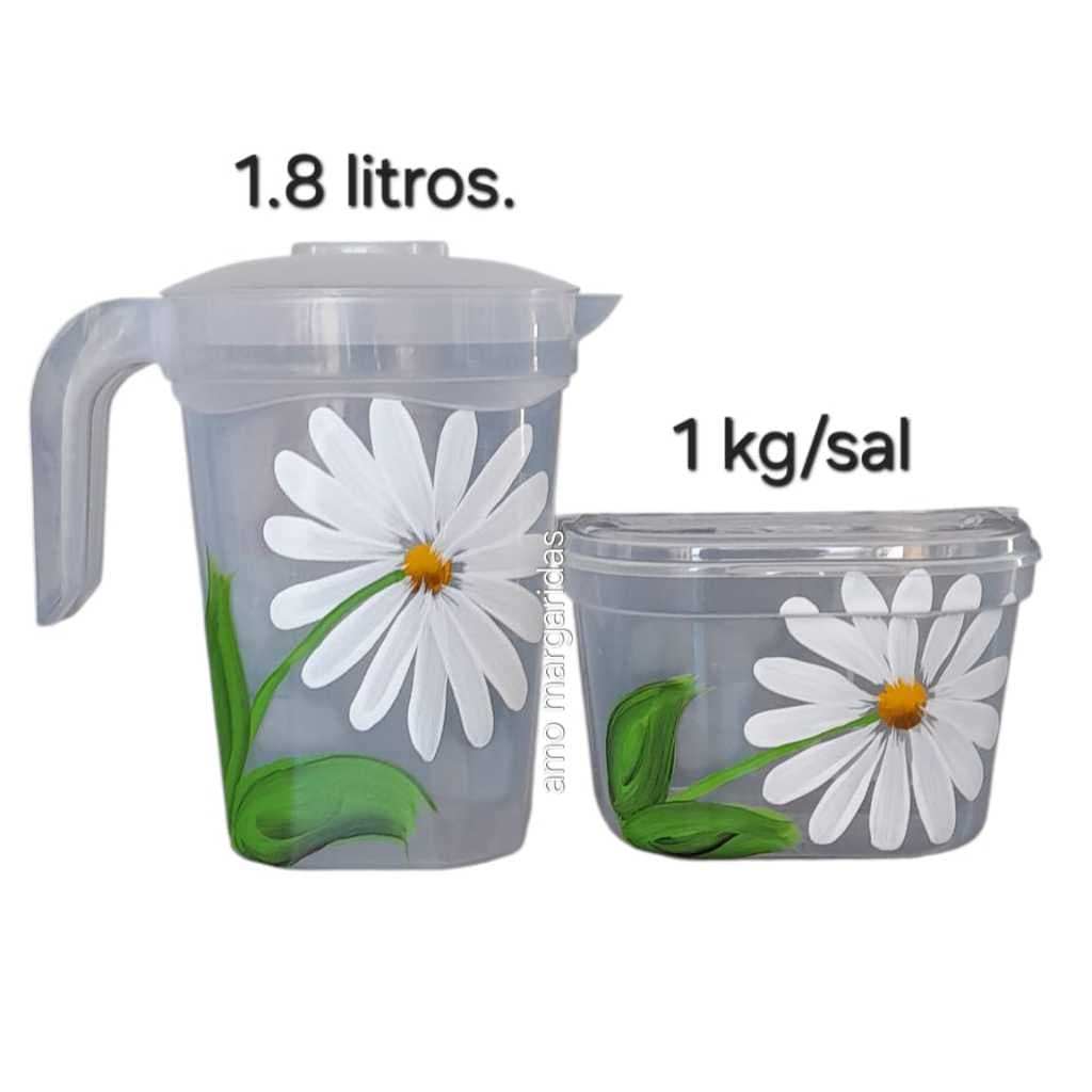 Jarra 1,8 litros Saleiro 1kg Plástico Hotel Escola Festa Eventos Buffet Decoração Margaridas Pintada a mão.