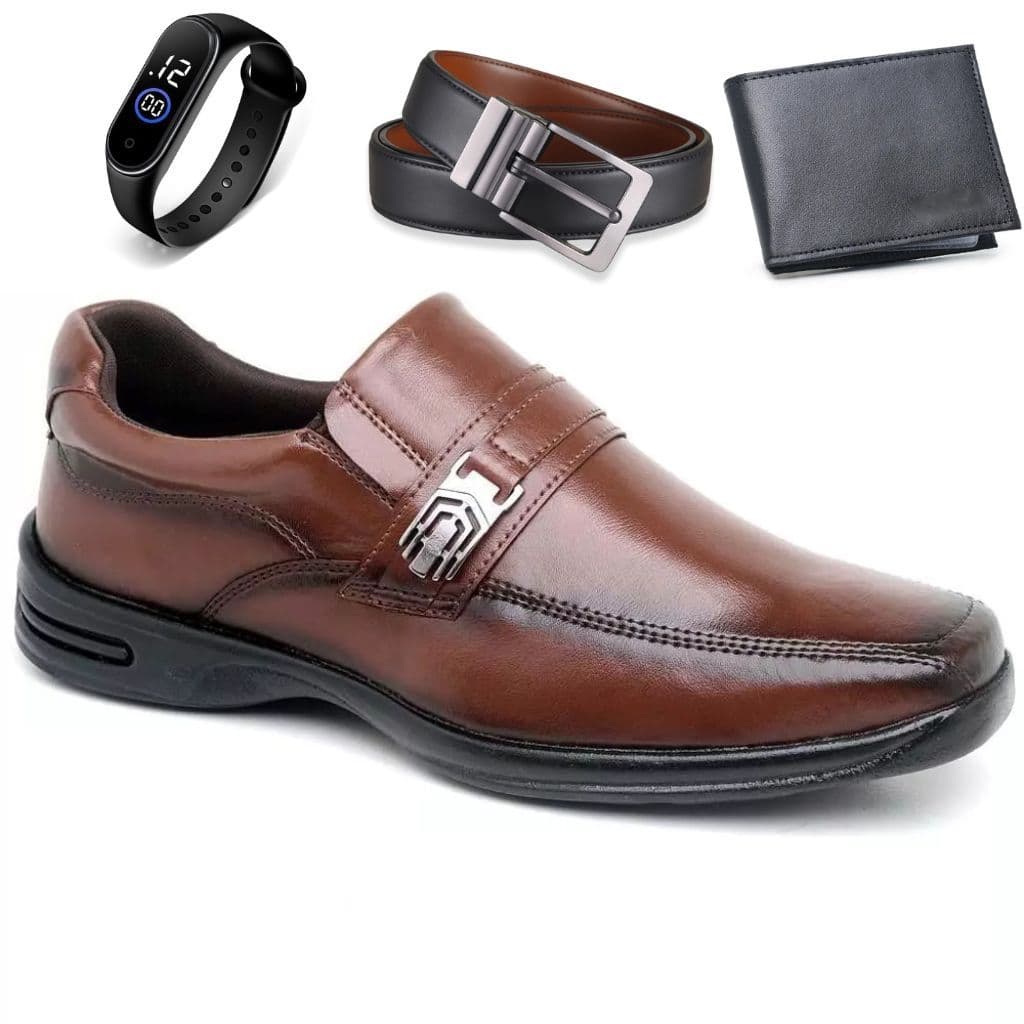Sapato Ortopédico Masculino de Couro Sola Macia Confort Calçado Casual Costurado + Cinto Carteira e Relógio Digital