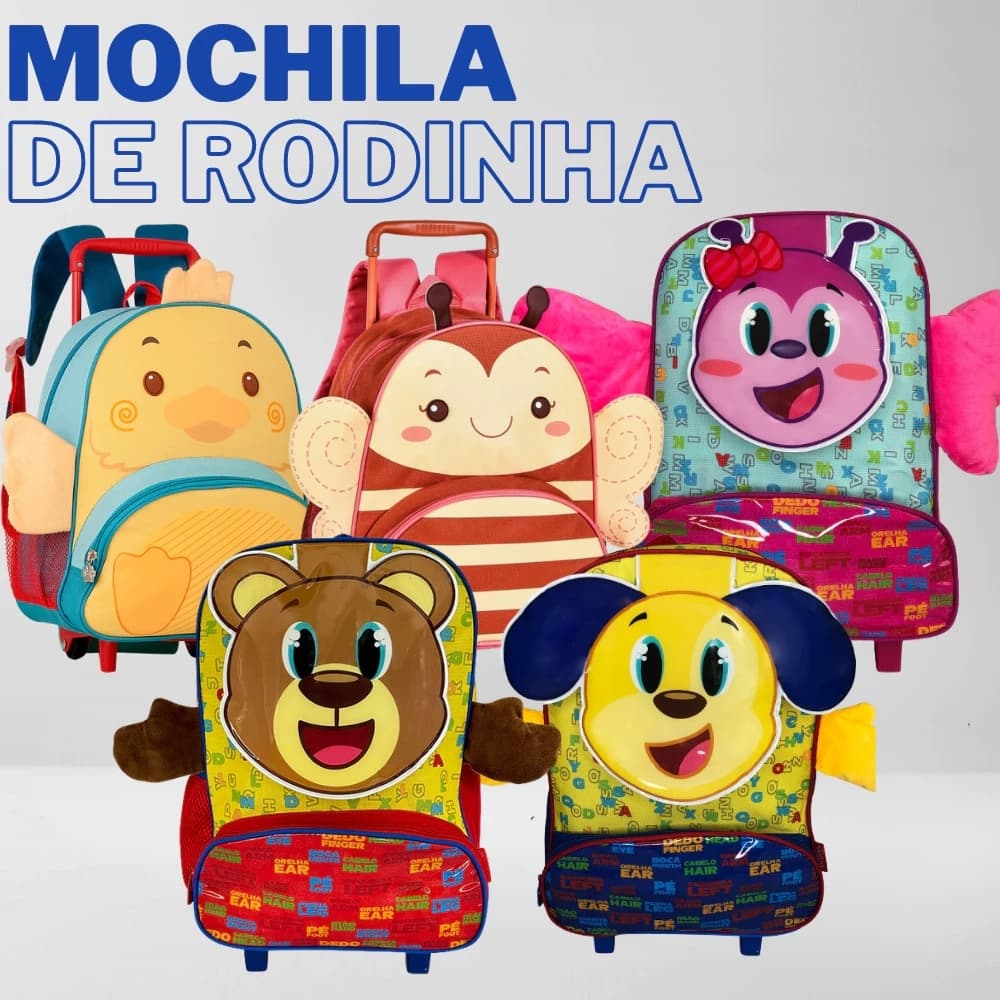 Mochila infantil com rodinha menina menino escola creche passeio urso borboleta rena cachorro