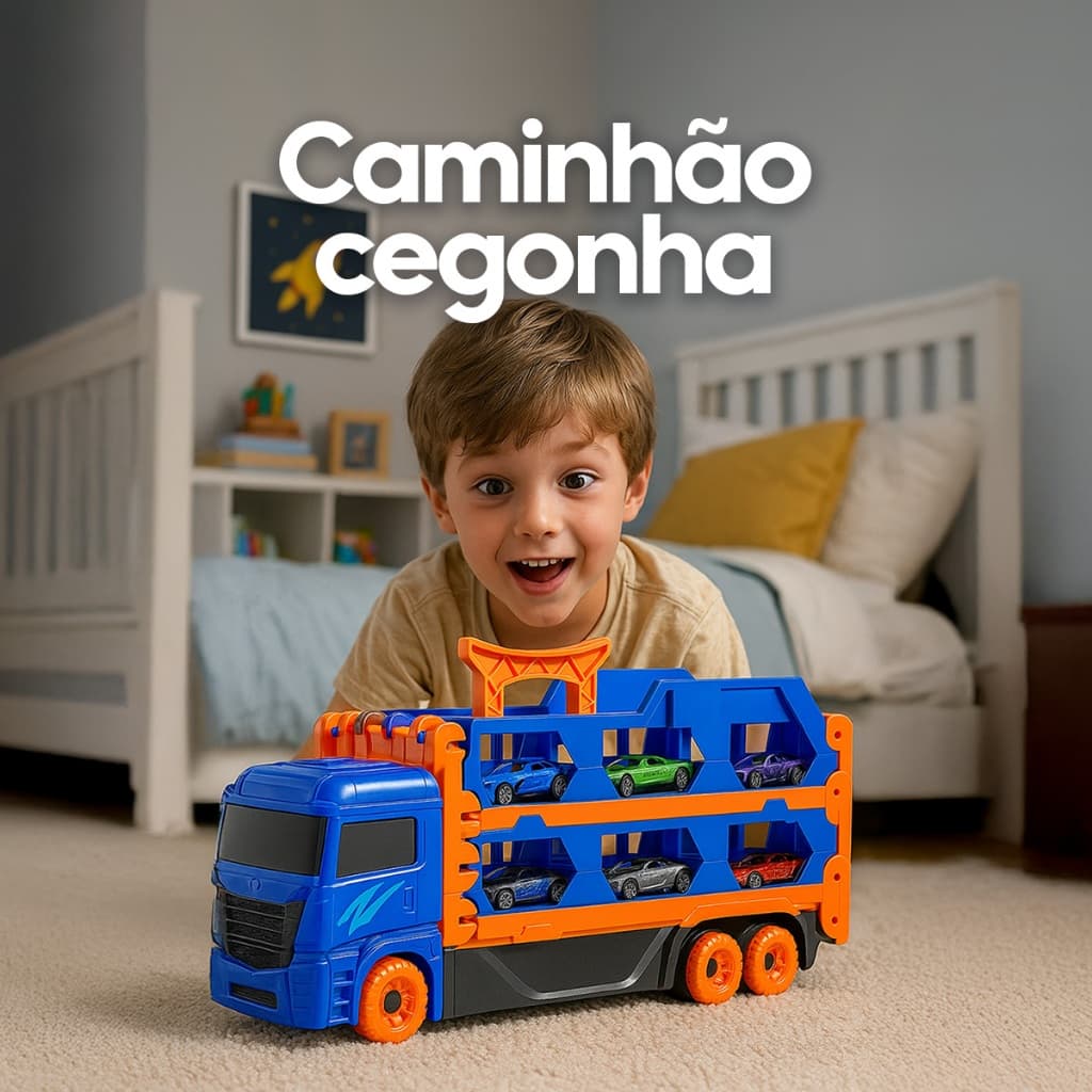 Caminhão Cegonha Com Pista Impulsão Acompanha Carrinhos Divertido Para Menino Brinquedo Educativo