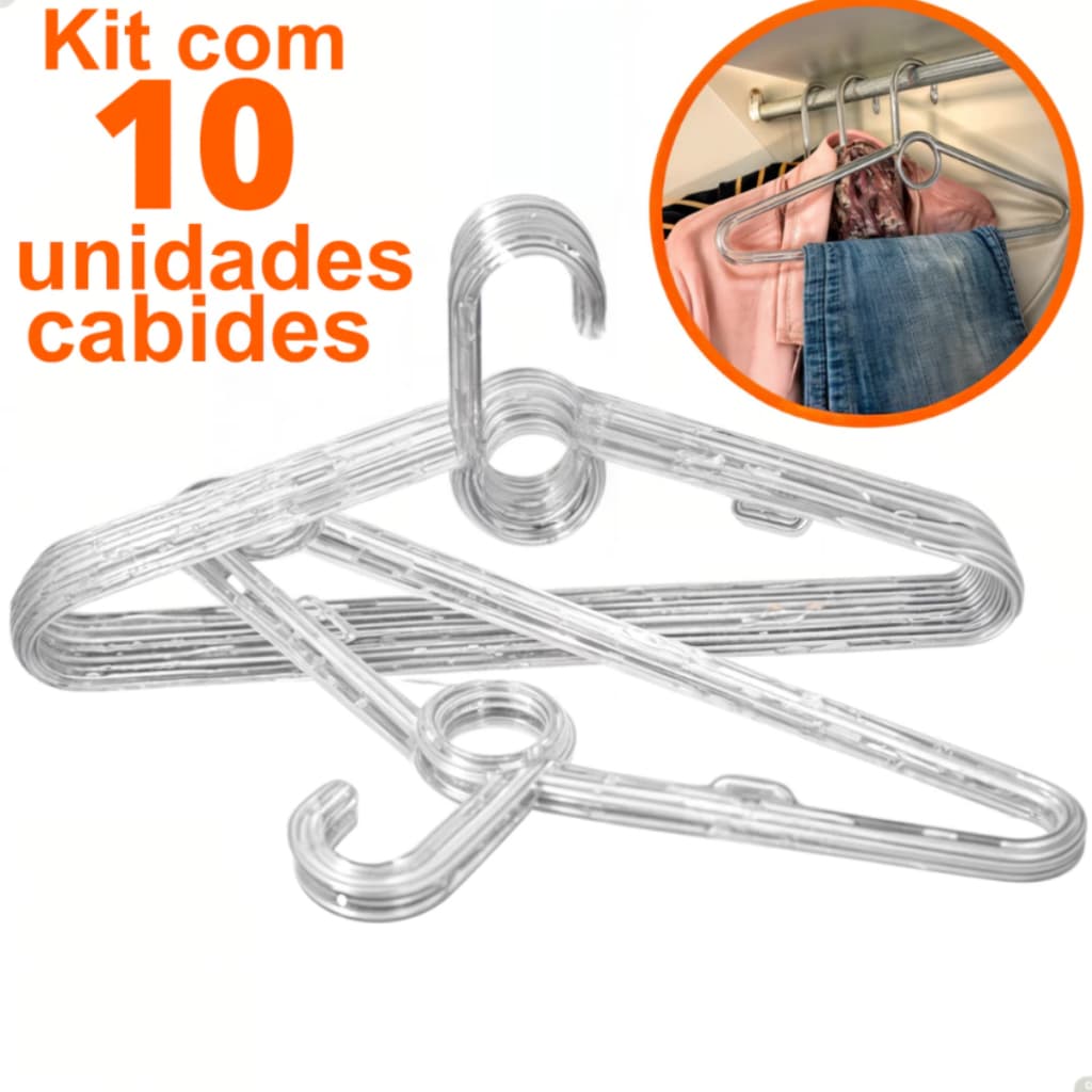 Kit 10 Cabides Adulto Acrilico Transparente Reforçado Organizador de Roupas