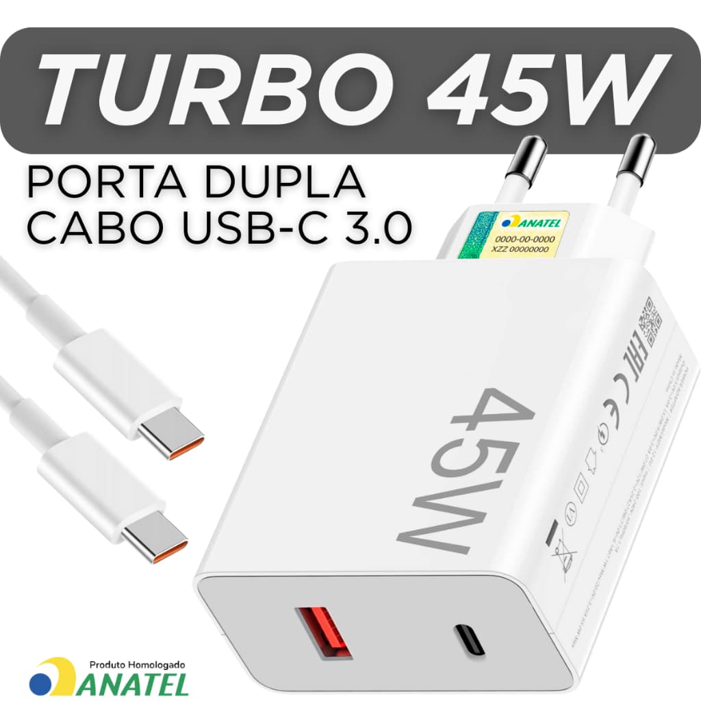 Carregador Turbo 45W com Cabo USB-C PD Ultra Rápido Duas Portas Android Iphone Motorola Xiaomi