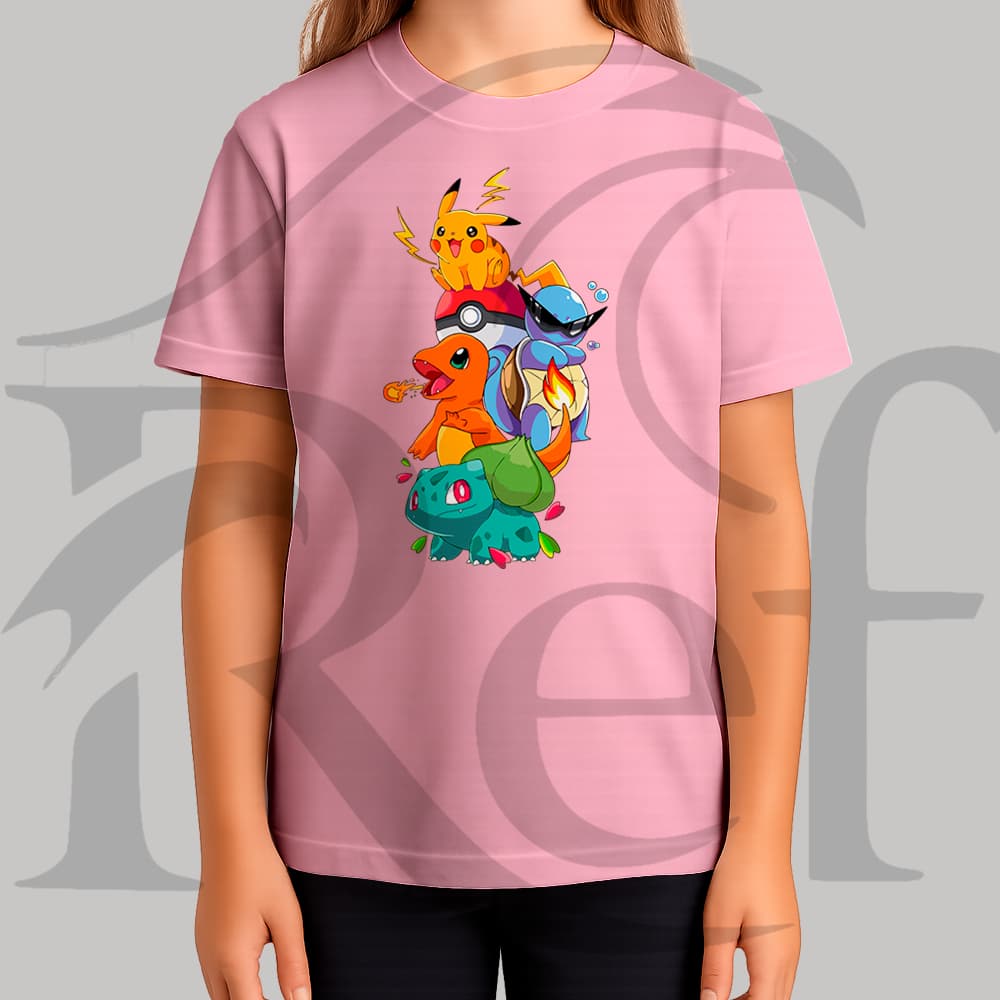 Camiseta Camisa Infantil Feminina Streetwear Pokémons Empilhados Malha Penteada Algodão Premium