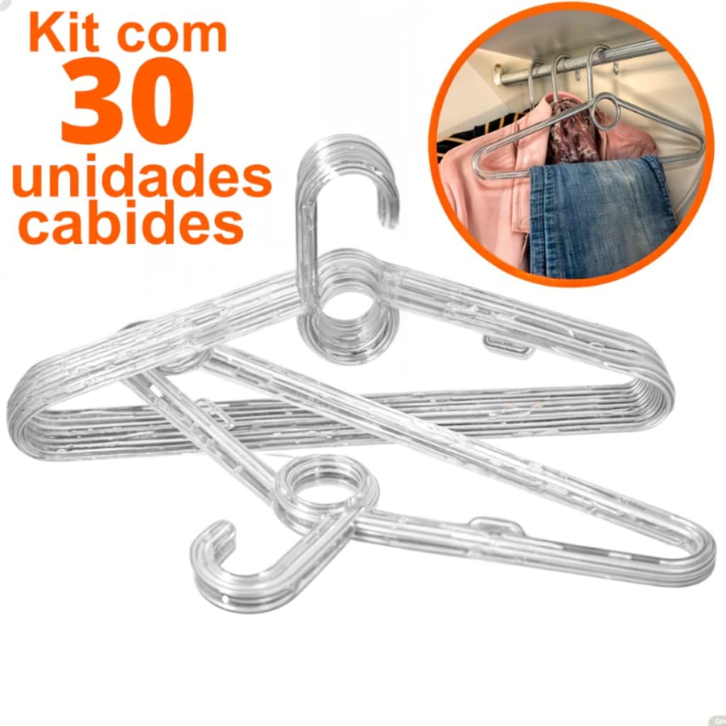 Kit 30 Cabides Adulto Transparente Acrilico Reforçado Organizador de Roupas