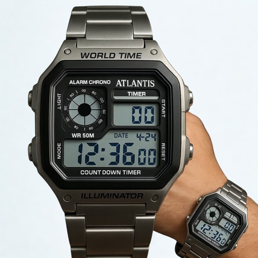 Relógio Digital Atlantis G8088 Masculino – Esportivo, LED Noturno, Prata Inox e à Prova d’Água