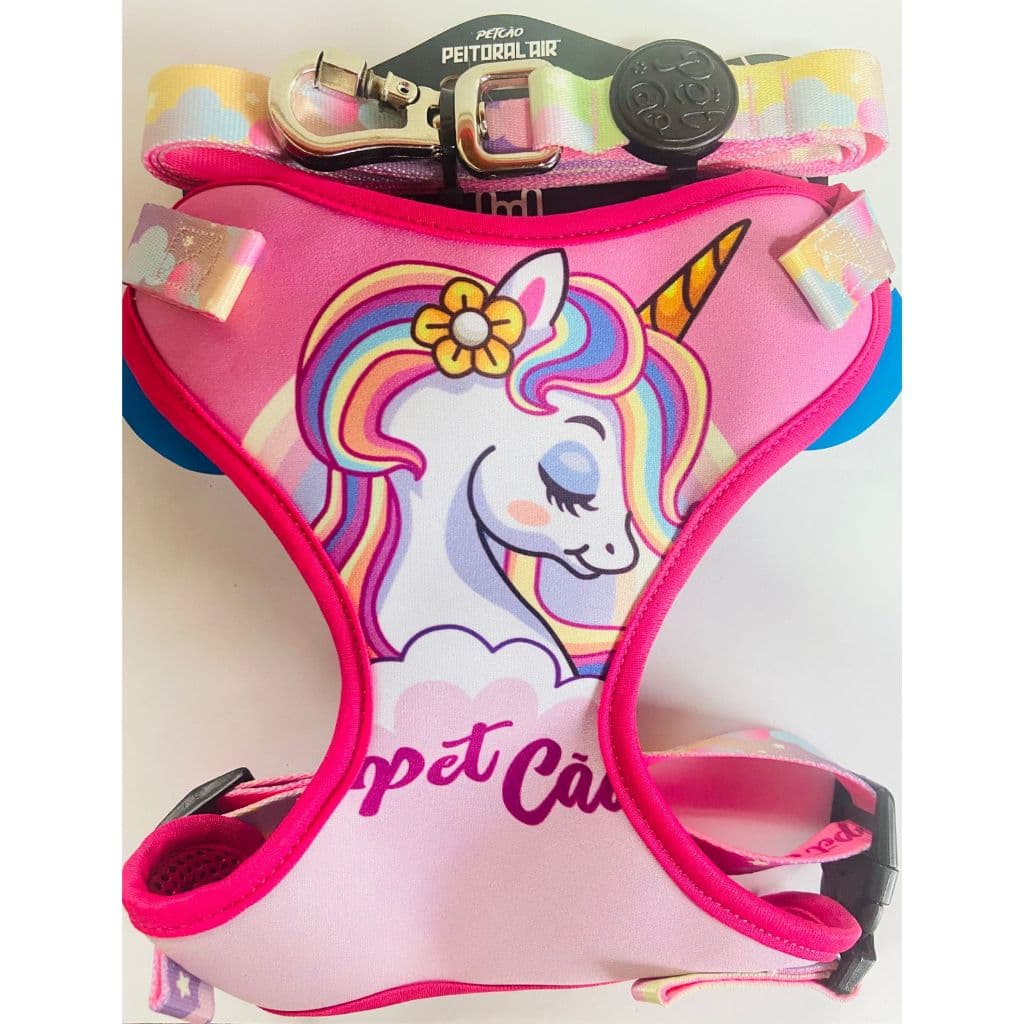 Conjunto Peitoral + Guia Para Cachorros PetCão Unicornio Mágico