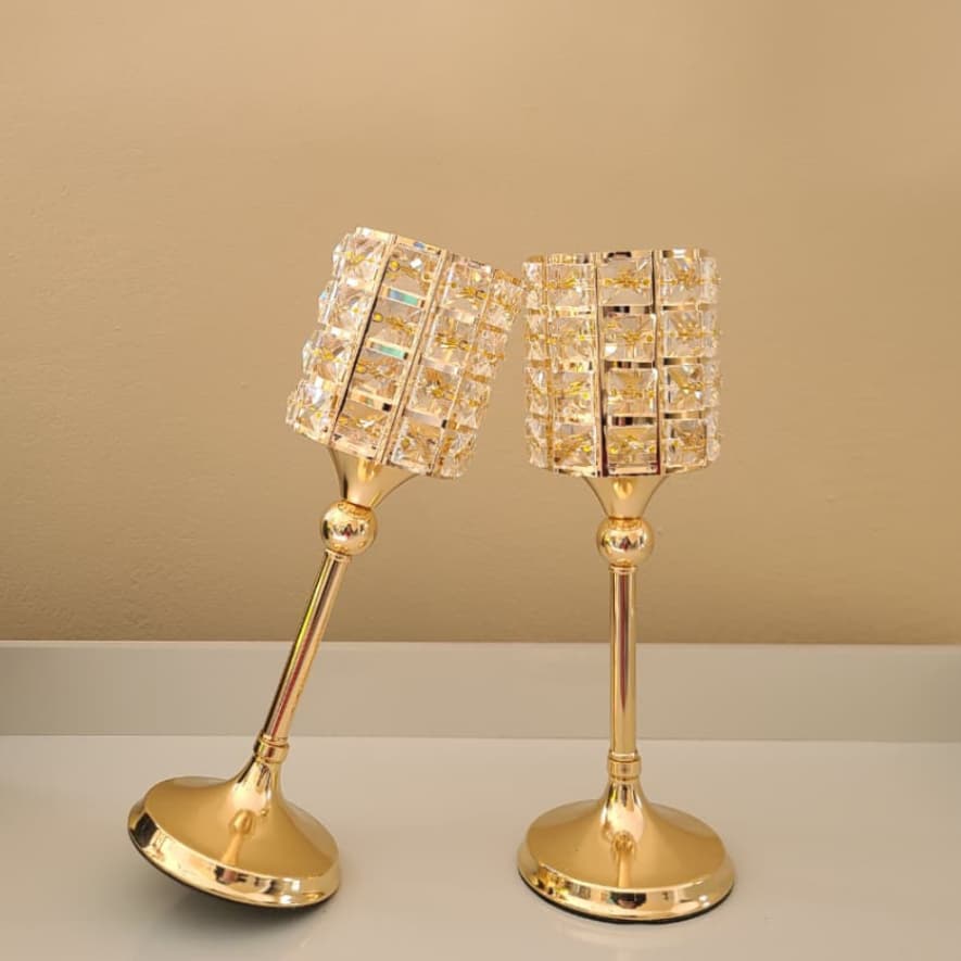 Suporte de vela castiçal porta vela de metal dourado cristal moderno de 32 cm para decoração de mesa e festas