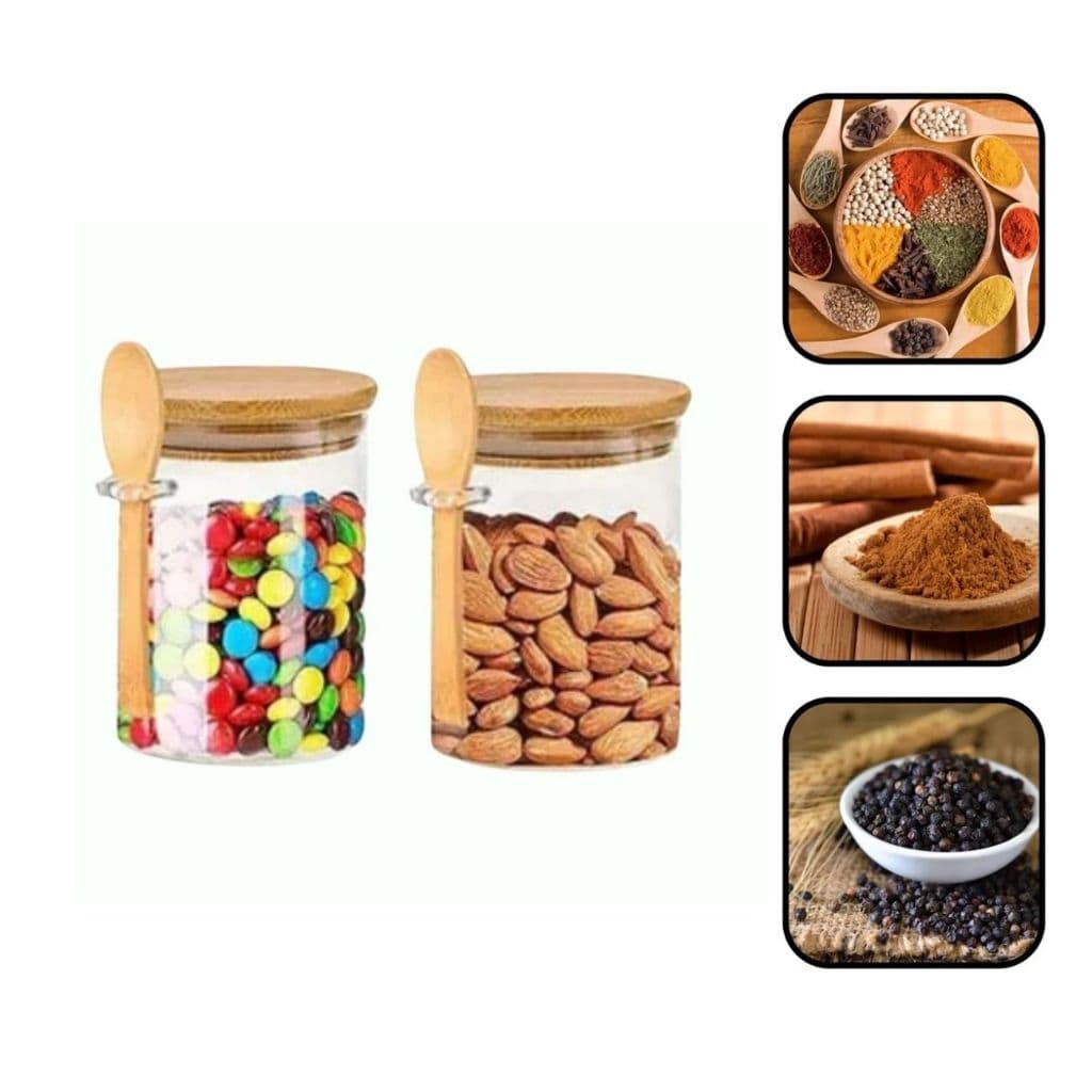 Kit 2 Potes De Vidro 300 ml Com Tampa E Colher De Bambu