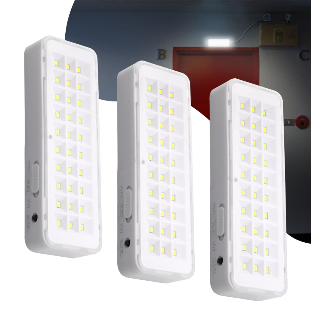 Kit 3 Luminária de Emergência Recarregável Luz Branco Frio Lâmpada 30 LEDs Bivolt 110v 220v