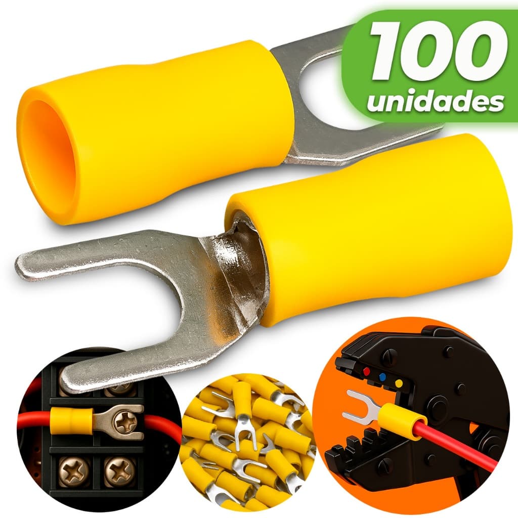 Kit 100 Terminal Forquilha Garfo Pré-isolado 4mm Até 6mm Amarelo Conector Eletrico para Cabos e Fios