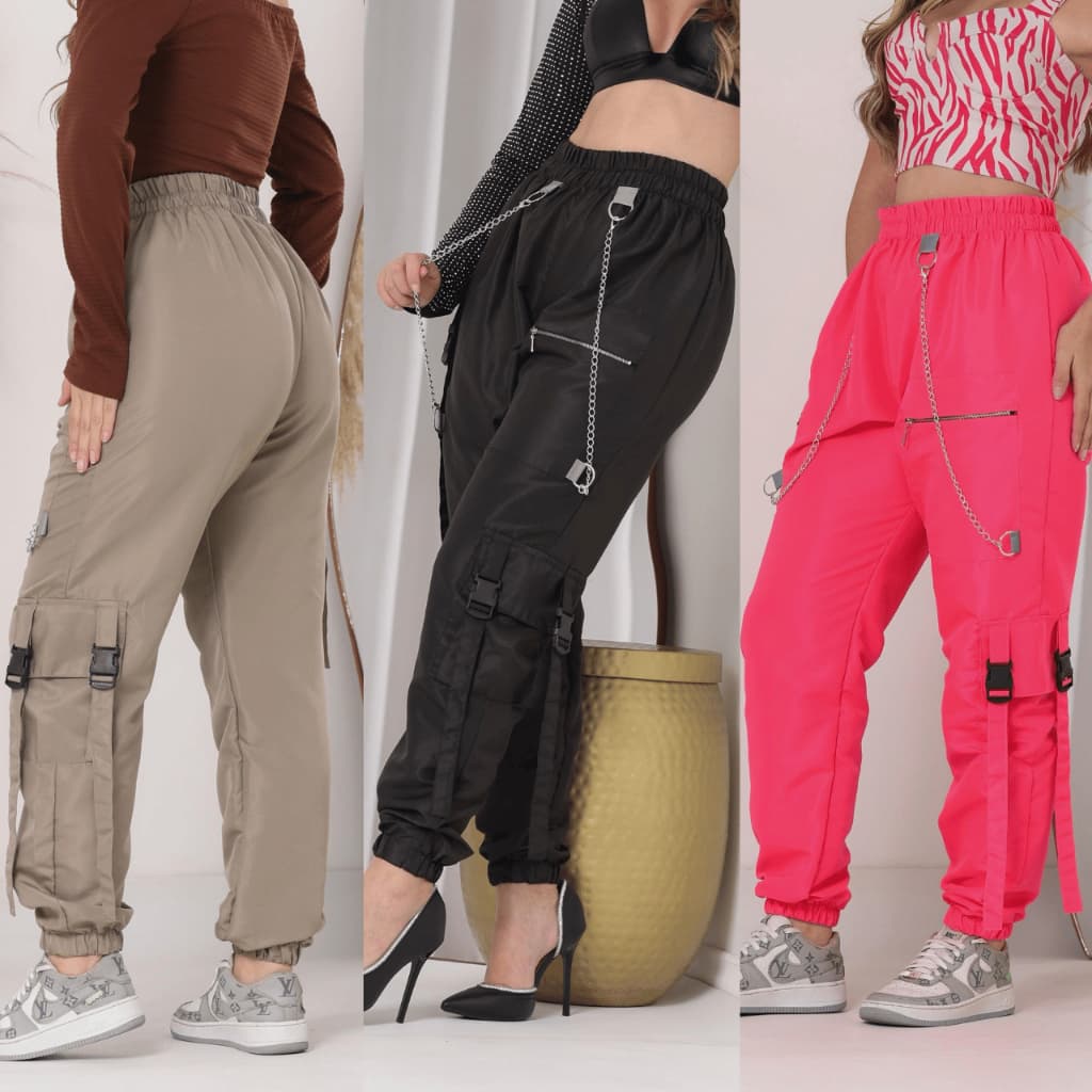 calça de corrente bolso e zipper em tactel cargo feminina