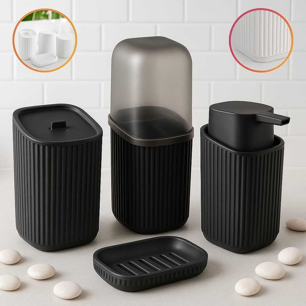 Kit Banheiro 4 Pecas Saboneteira + Porta Algodao + Porta Escovas + Porta Sabonete Liquido Alta Qualidade Resistente