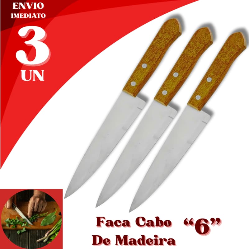 Kit 3 Faca de Cozinha 6” Chef com Cabo de Madeira Resistente Premium
