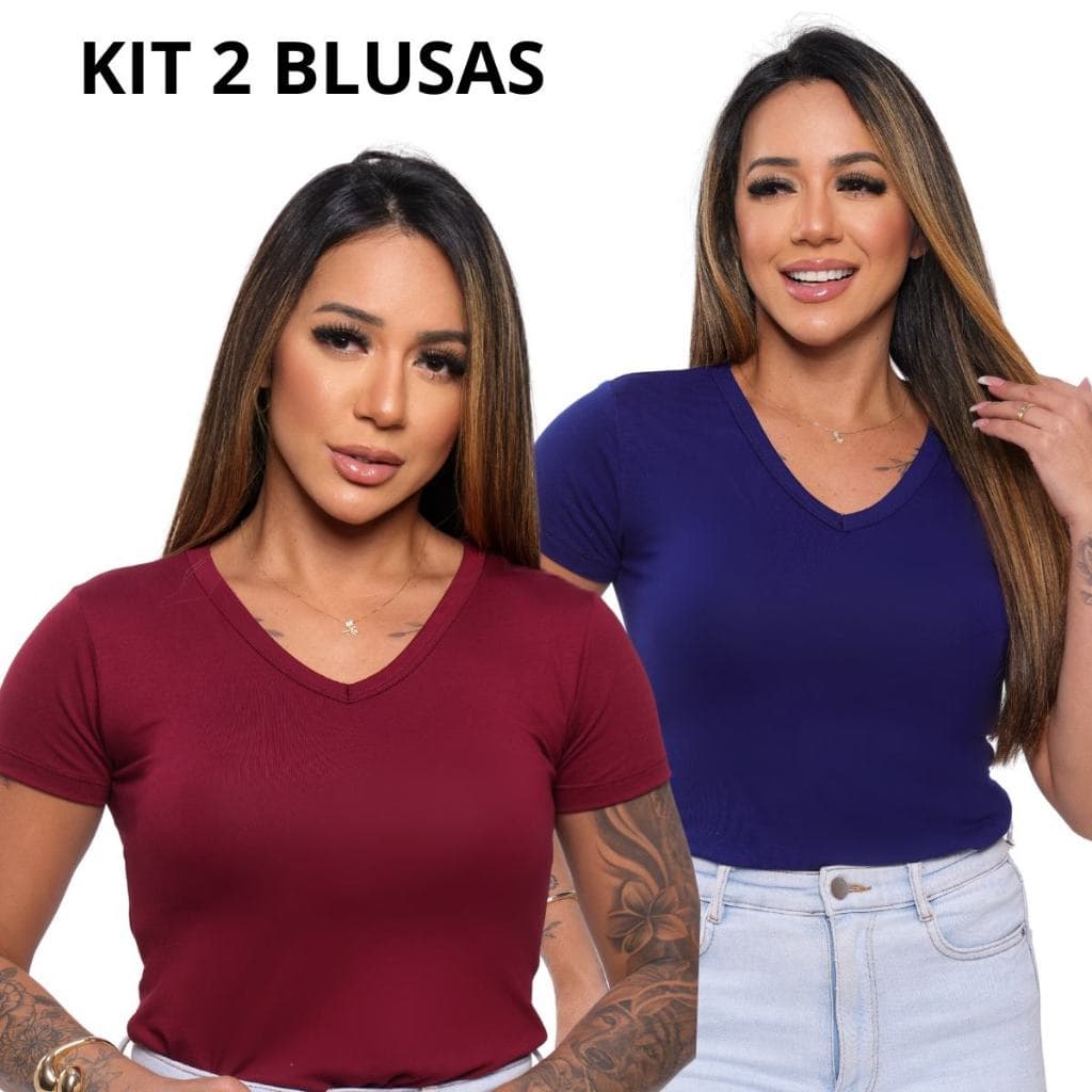 Kit 2 Blusa Feminina Manga curta Baby look Gola V Blusa T-shirt Básica