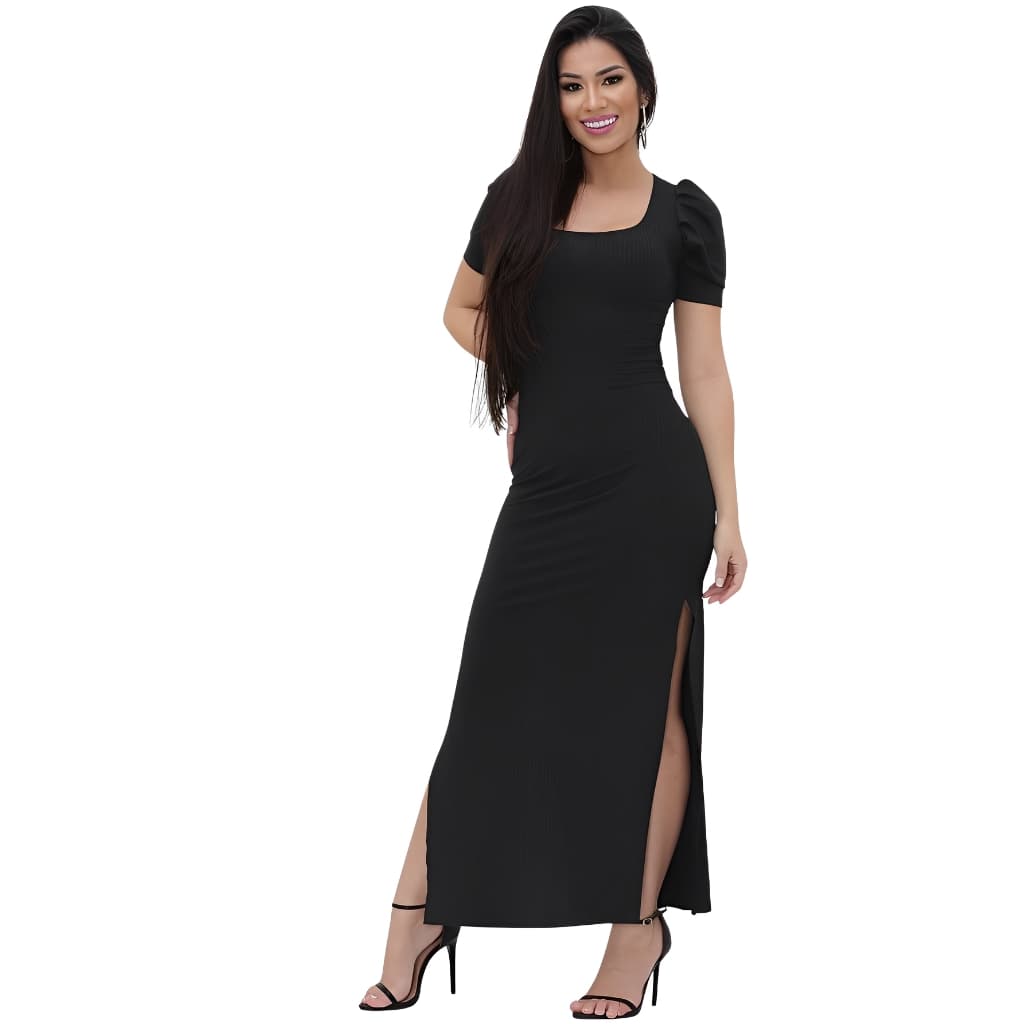 Vestido Longo Malha Crepe Canelada Fenda Blogueira Tendência