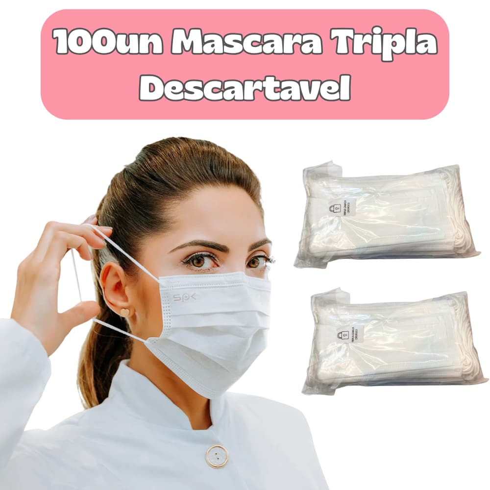 100Un Máscara Descartável Tripla cor Branca com Elástico Premium Saude Higiene Clinica Limpeza Hospitalar