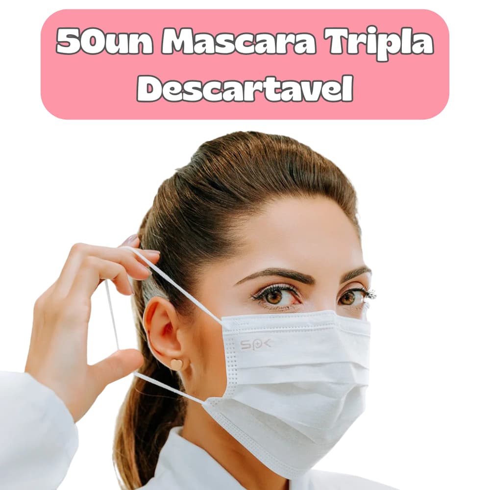 50Un Máscara Descartável Tripla com Elástico Premium Saude Higiene Clinica Limpeza Hospitalar