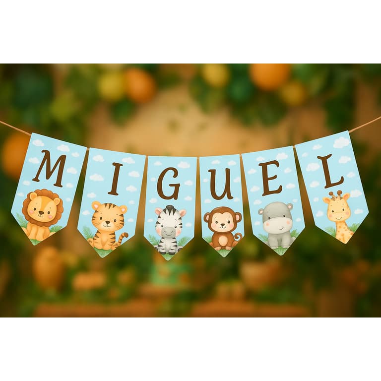 Varal de Bandeirolas Safari Personalizado | Decoração Festa Safari Infantil.