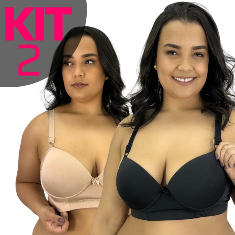 KIT 2 Sutiã Feminino Com Bojo Plus Size Reforçado Dia a Dia Bojão Alça Larga Fecho Triplo Forro Algodão