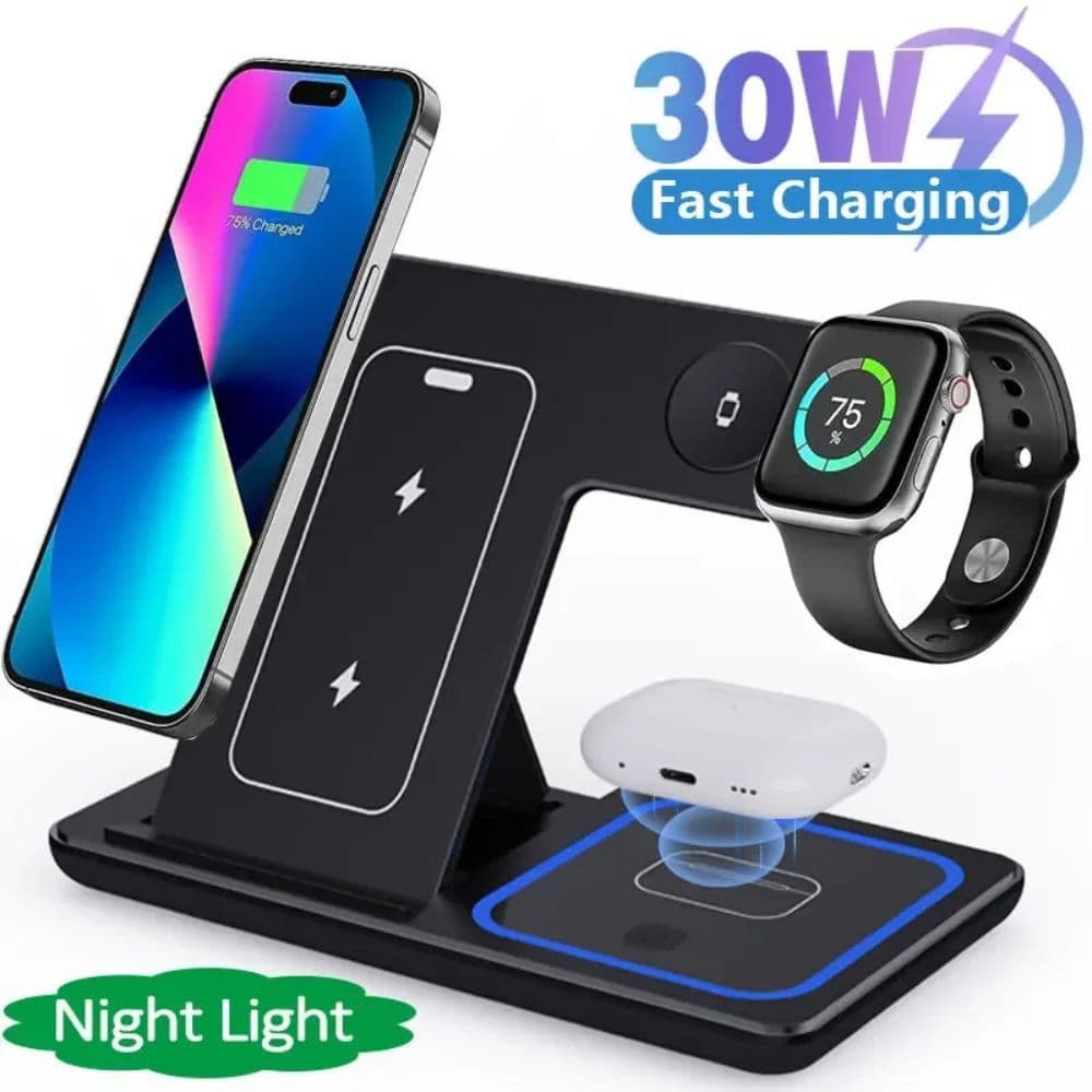 Carregador Sem Fio iPhone Apple Watch AirPods estação de carregamento por indução 30w com led
