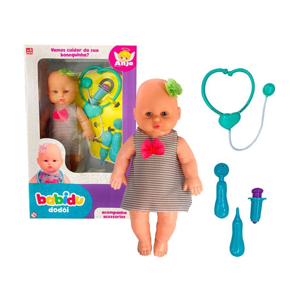 Boneca Babidu Dodói Infantil com Estetoscópio, Termômetro e Acessórios Médicos 33cm
