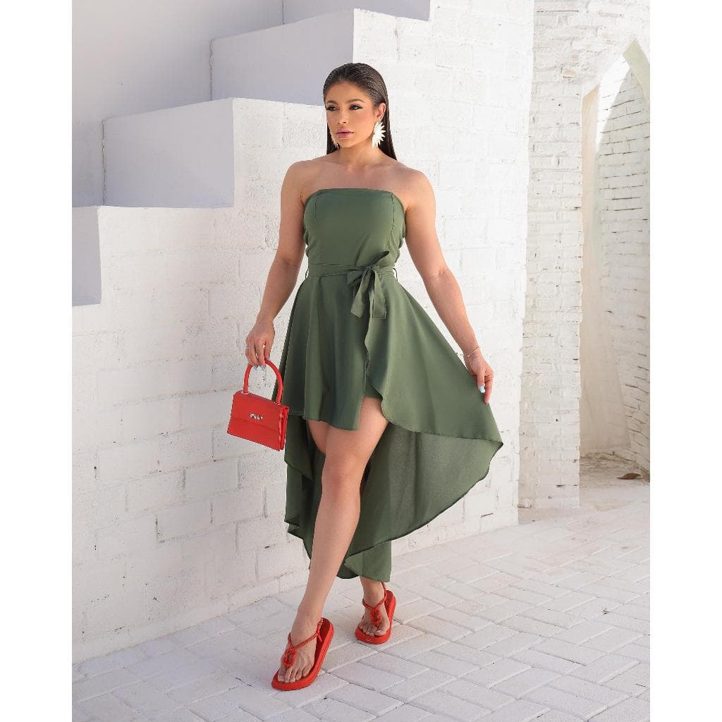 VESTIDO MIDI DE CALDA TOMARA QUE CAIA CINTO,BOJO VERDE MILITAR CASUAL ELEGANTE PARA ANIVERSSARIO E CASAMNTO CONVIDADA