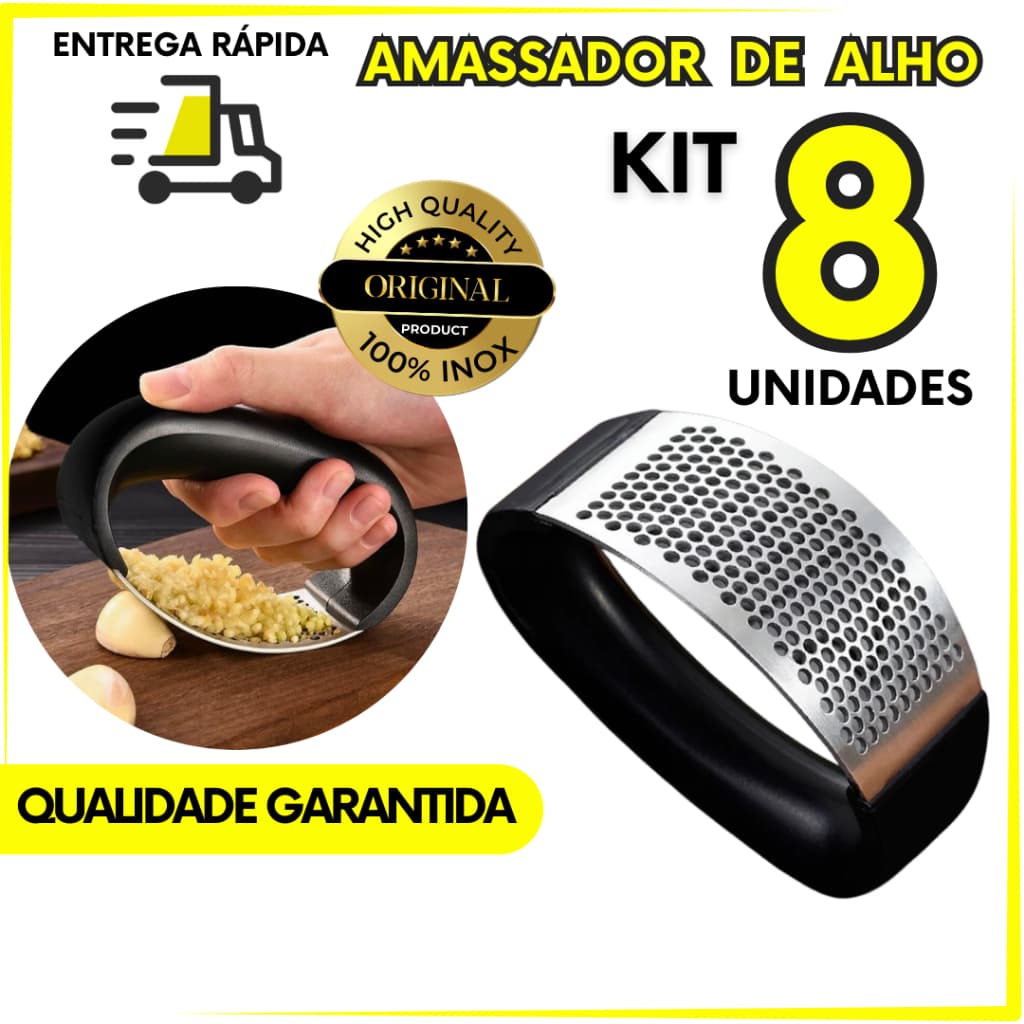 Kit 8 Amassador De Alho Triturador Inox Espremedor de Alho Para Cozinha Restaurantes Pizzaria