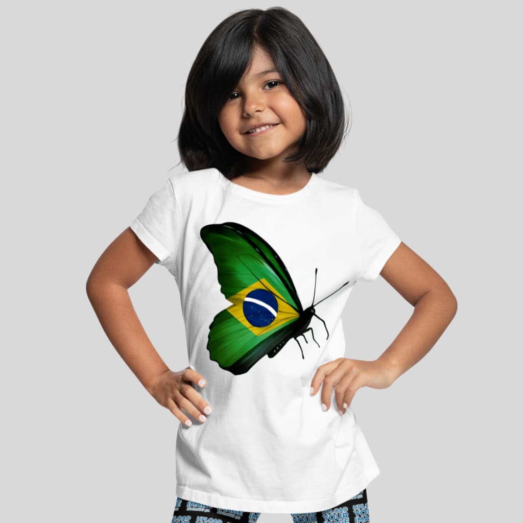 Camisa Infantil Brasil Camiseta Seleção Menina Borboleta Cor Bandeira