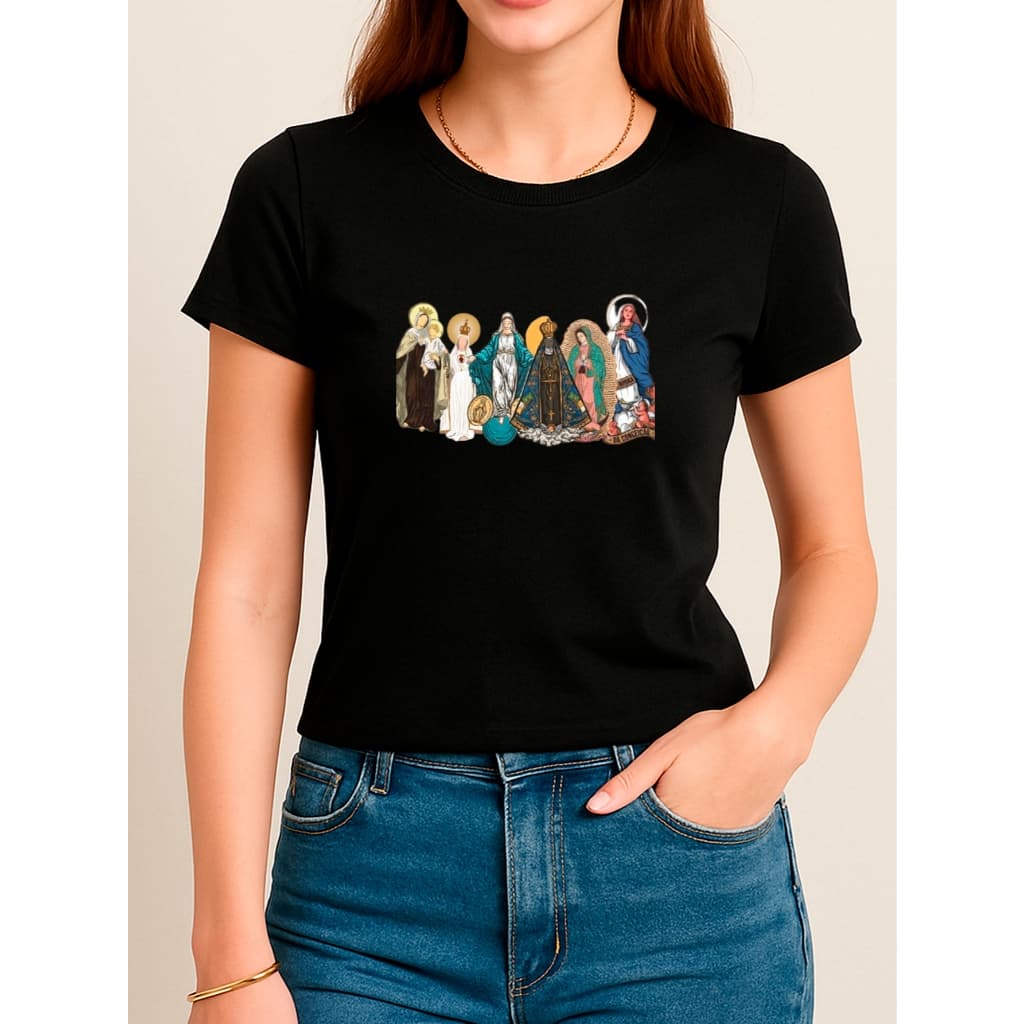 Camiseta Babylook Feminina Estampada 100% Algodão Nossas Senhoras Religiosa Católica Cristã Maria