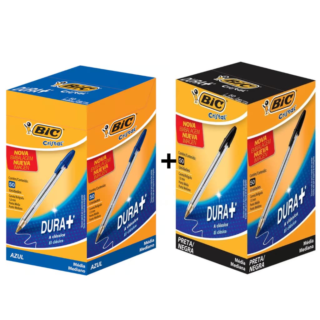 02 Caixa Caneta Bic Cristal Azul/Preta Caixa com 50 Unidades Cada Ponta Média