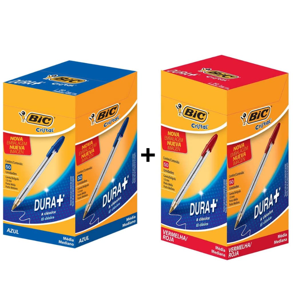 02 Caixa Caneta Bic Cristal Azul/Vermelha Caixa com 50 Unidades Cada Ponta Média