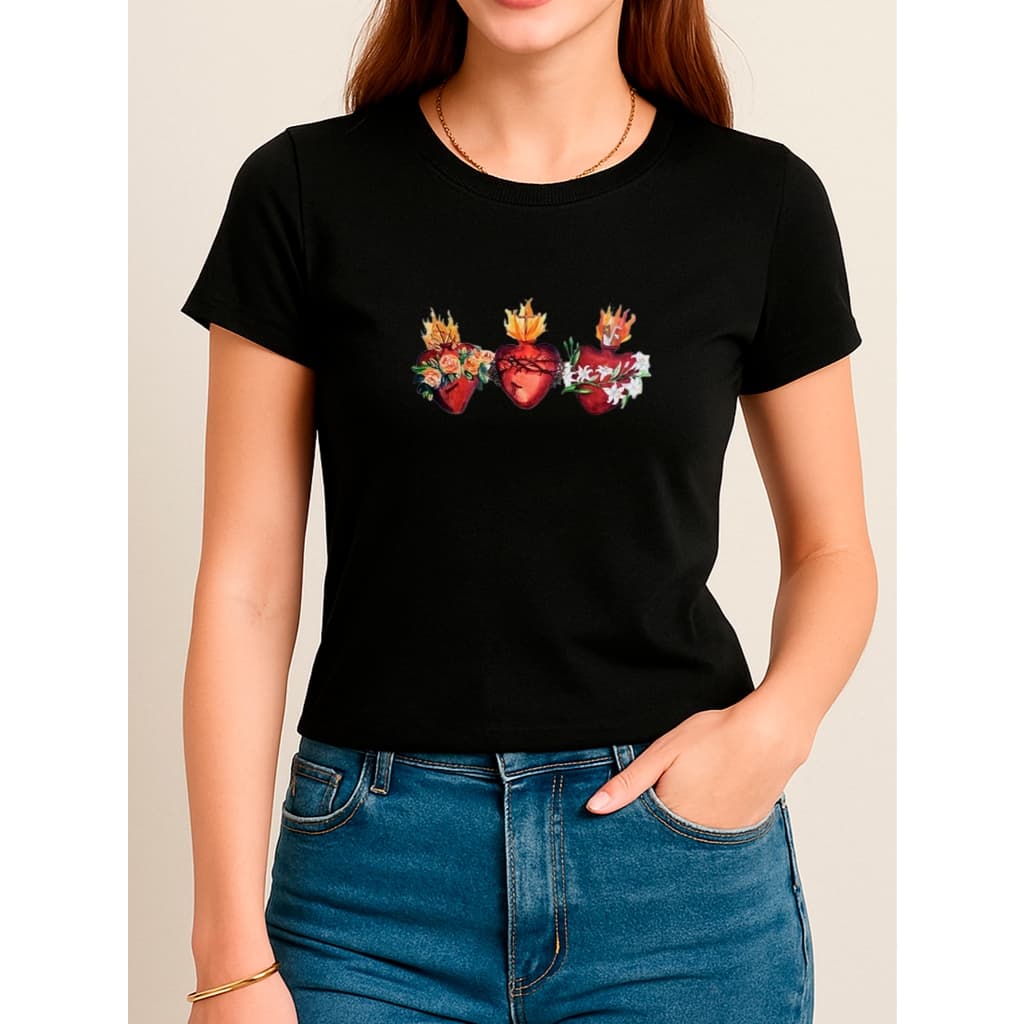 Camiseta Babylook Feminina Estampada 100% Algodão Sagrado Coração Religiosa Católica Cristã