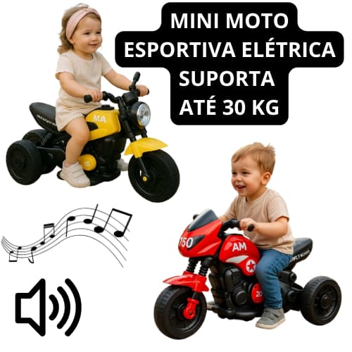 MINI MOTO ESPORTIVA ELETRICA TRICICLO INFANTIL, SUPORTA ATÉ 30 KG